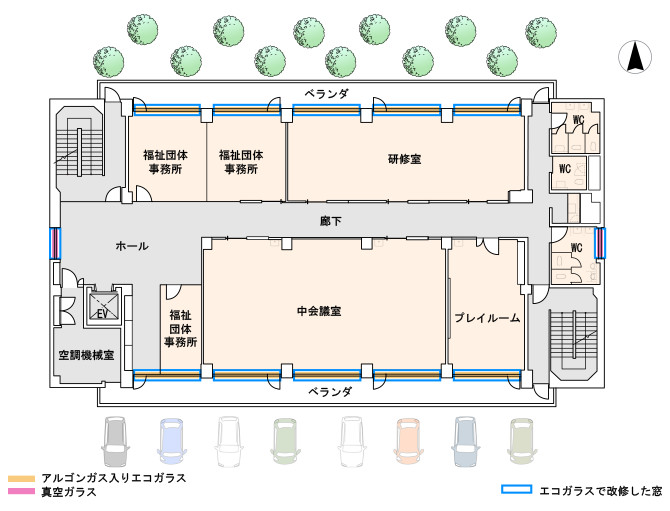3階平面図。4階の大会議室を除き、他の階も同様の中廊下型平面を持ち、各室とも南もしくは北面のほぼ全面に窓がついている