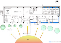 1階平面図。エコガラスへの交換は建物の中心から南側に集中している。北側はロビーのほか地域交流スペースや会議室などがあるが、人の滞留時間が比較的短い場所であることから、コスト面を考慮し今回の窓改修は見送られた