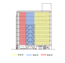 建物のファサードを工期別に塗り分けたもの。ゴンドラの動作に合わせて工事がなされた