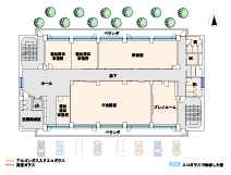 3階平面図。4階の大会議室を除き、他の階も同様の中廊下型平面を持ち、各室とも南もしくは北面のほぼ全面に窓がついている