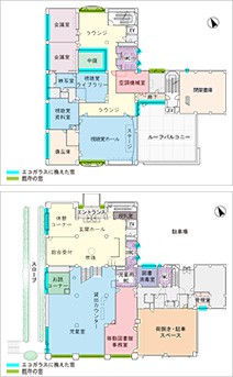 デザインを変えないZEB化 美しい経年図書館とエコガラス-階平面図/一階平面図