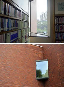 デザインを変えないZEB化 美しい経年図書館とエコガラス-斜め窓内部/斜め窓外観