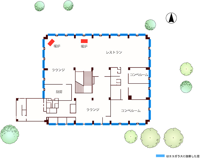 2階平面図。どこからでも眺望を楽しめるよう、建物外皮のほぼすべてがガラス張りとなっている